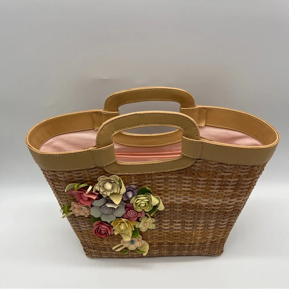 LOFT Woven Tote with Multicolor Floral Appliqués